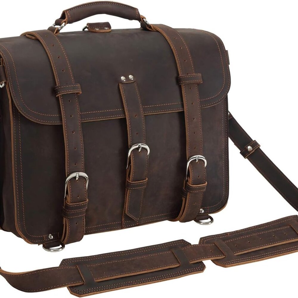 Polare Thick Full Grain Leather 16'' Briefcase Shoulder Messenger Bag For Men Fi